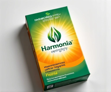 Opakowanie suplementu Harmoniavitac dla energii, z dynamicznym logo i kroplą energii.